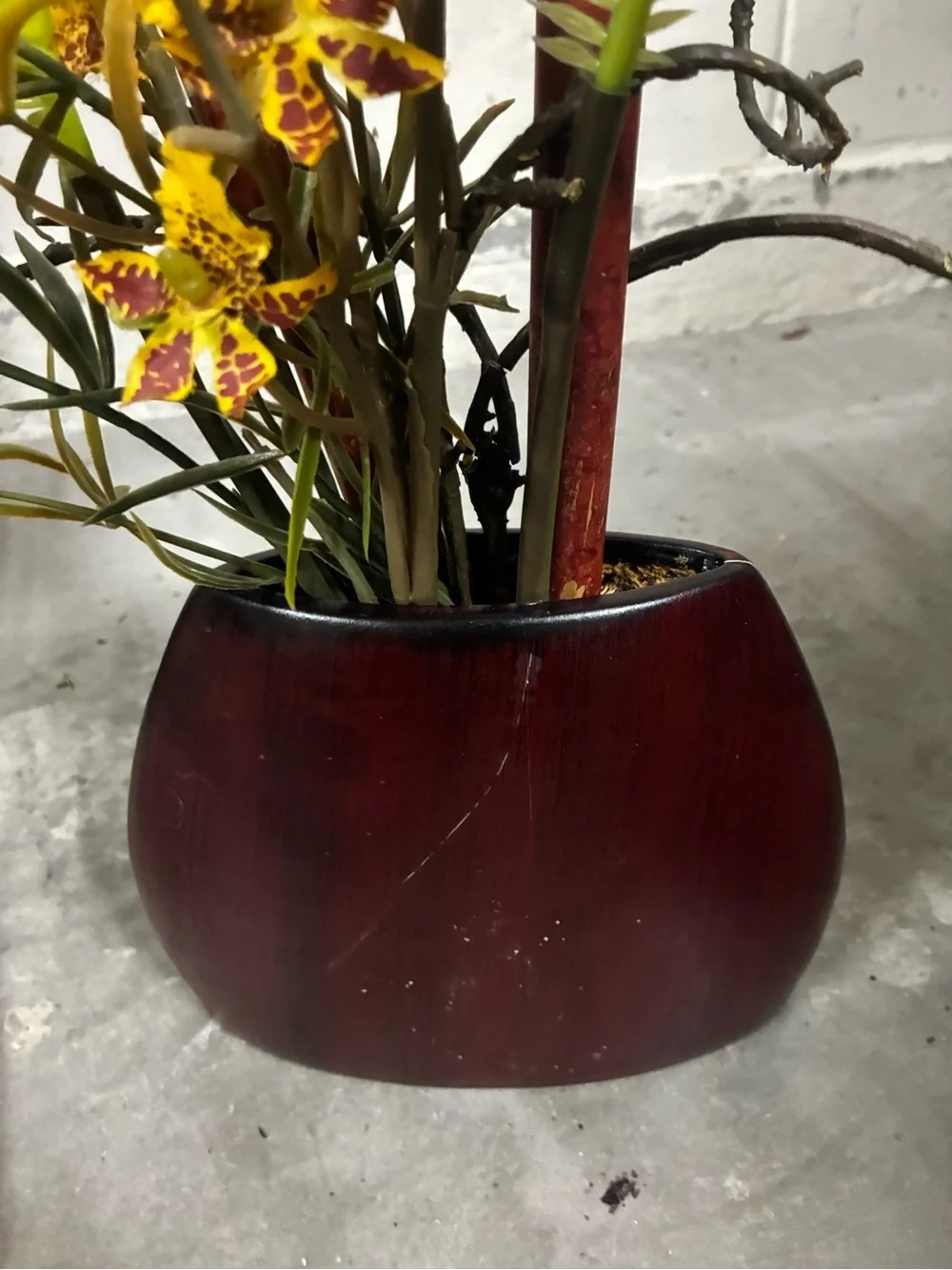 Artificial Yellow Orchid Floral Arrangement in Dark Brown Vase
